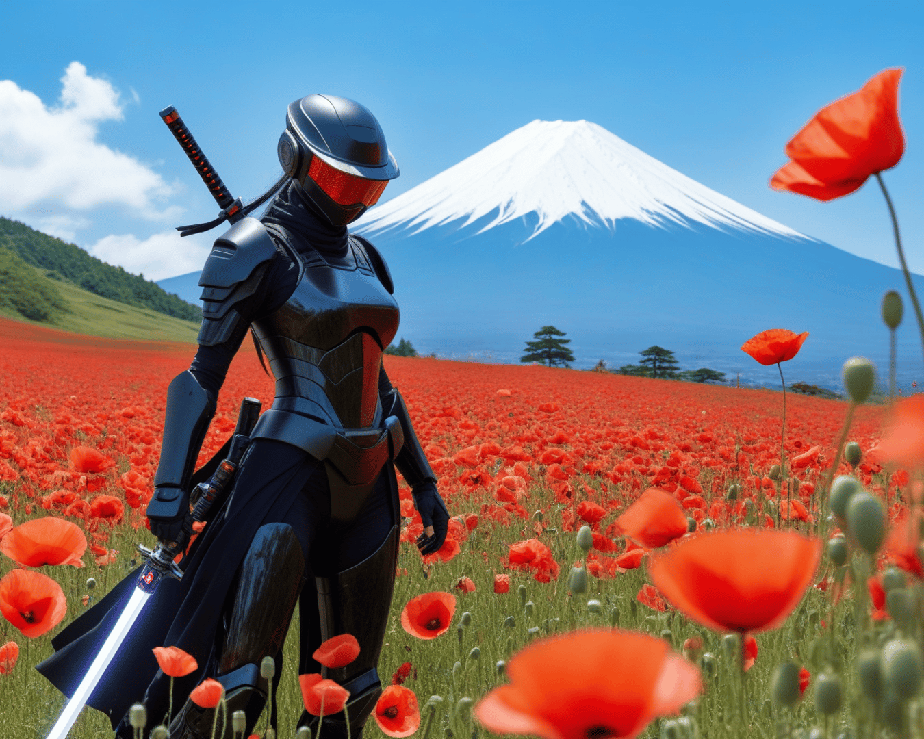 AI generated wallpaper featuring cyborg, saber, poppy
