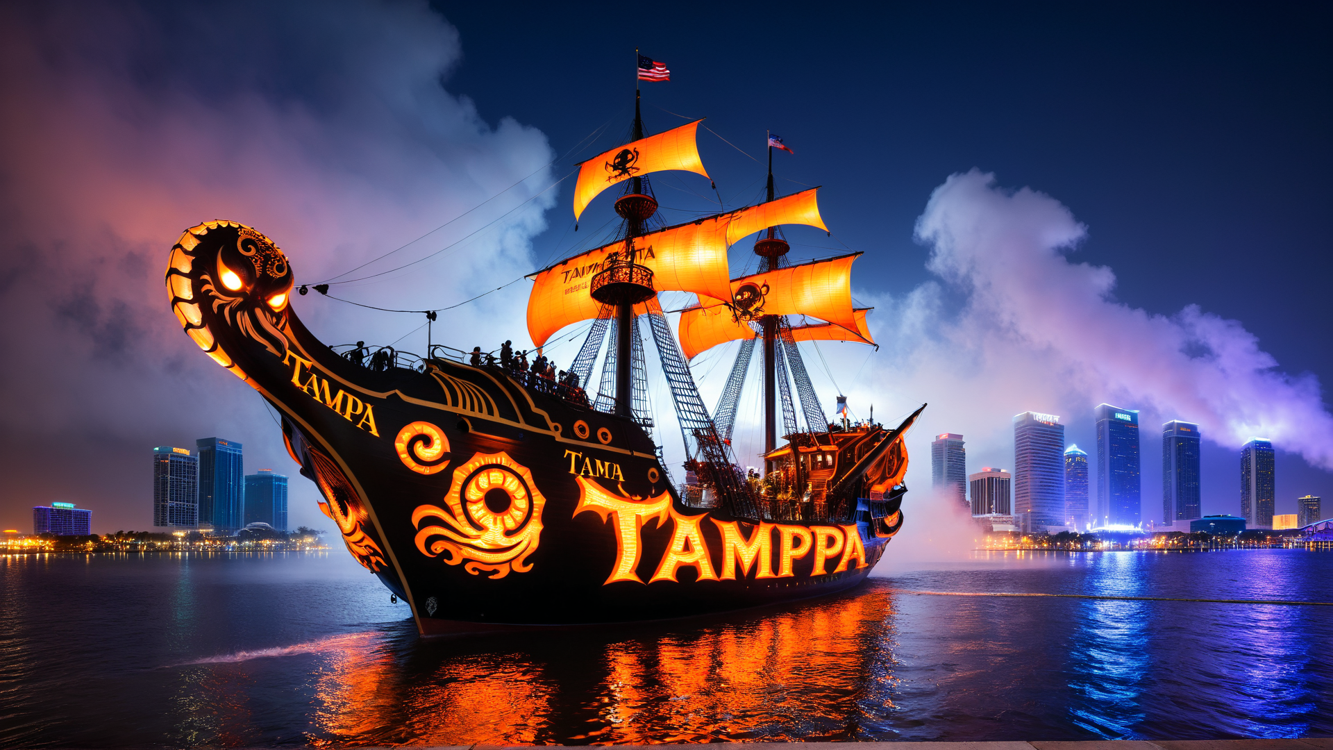 AI generated wallpaper featuring ship, cityscape, sailboat, pirate, buildings, water
