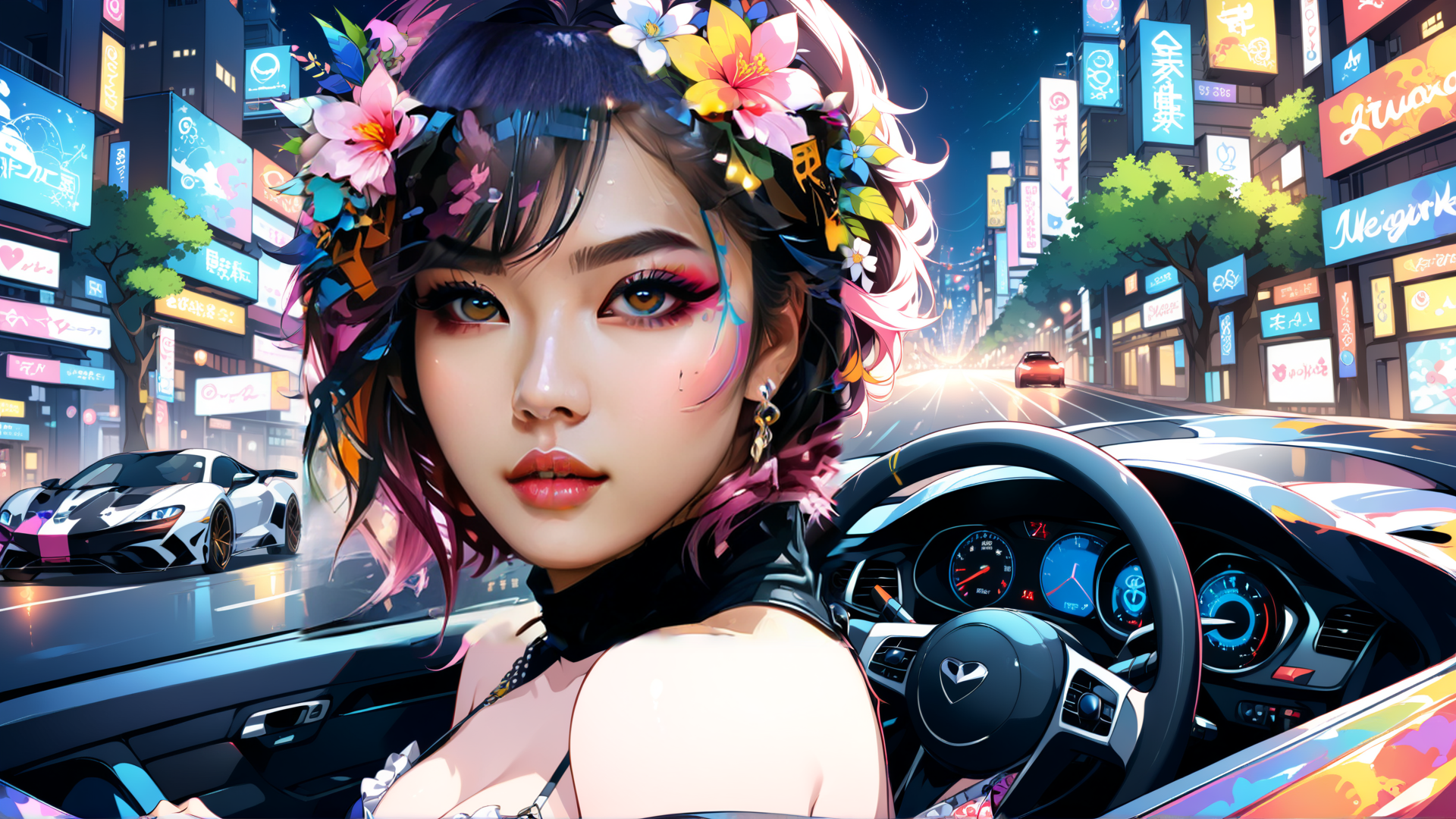 AI generated wallpaper featuring girl, car, city