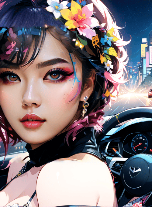 girl, car, city
