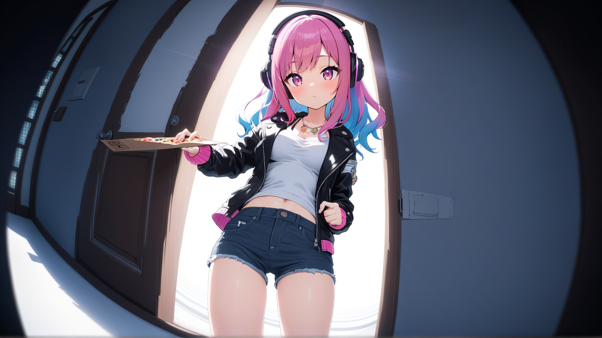 AI generated wallpaper featuring girl, pizza, headphones