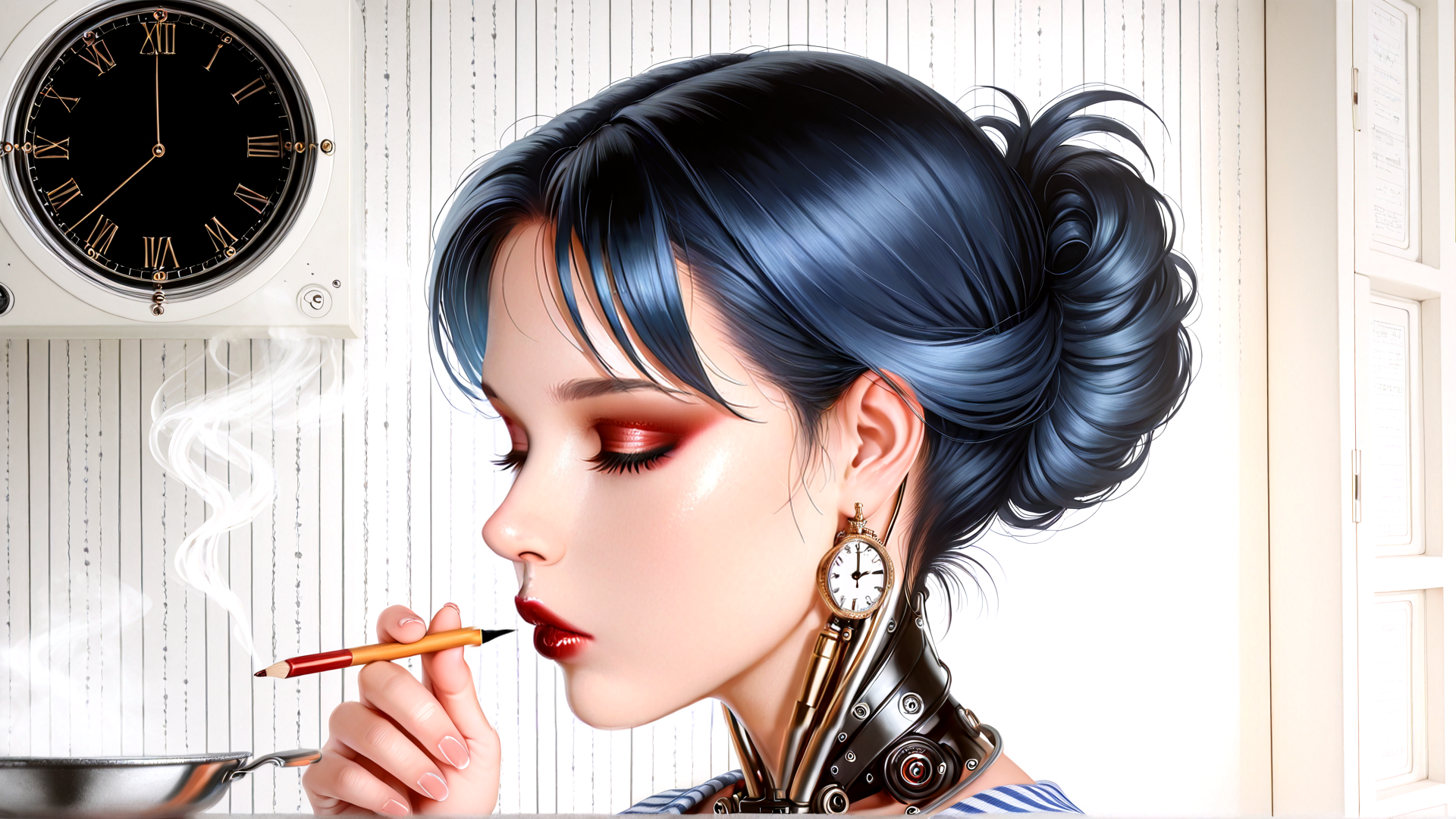 AI generated wallpaper featuring woman, clock, pen, steampunk, earring, hair, pantograph, window, pan, smoke