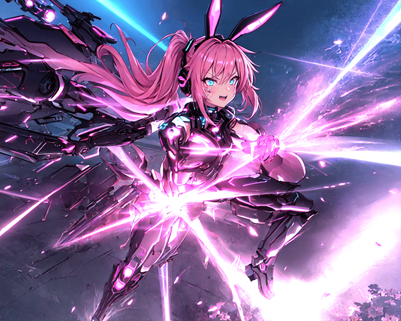 AI generated wallpaper featuring anime girl, cybernetic armor, rabbit ears