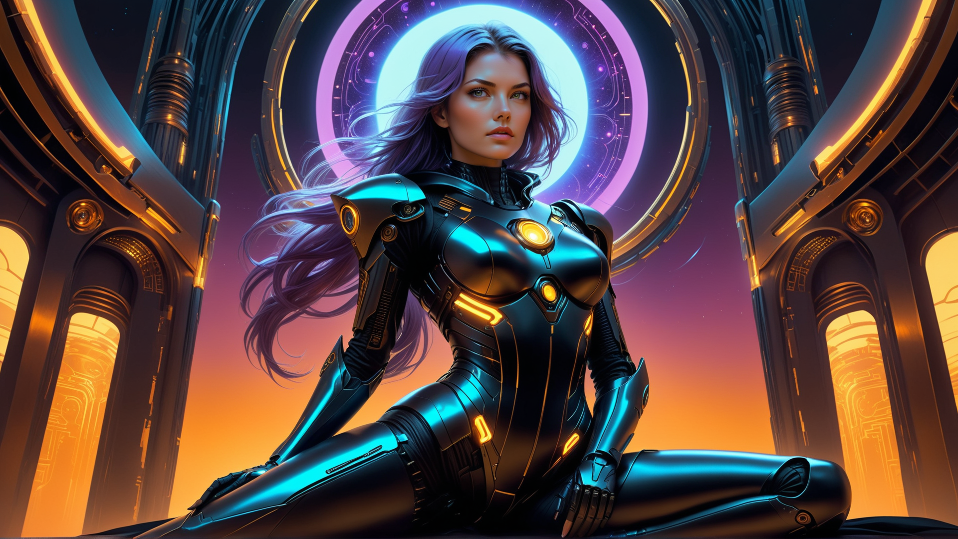 AI generated wallpaper featuring cyborg, woman, armor, sitting, futuristic
