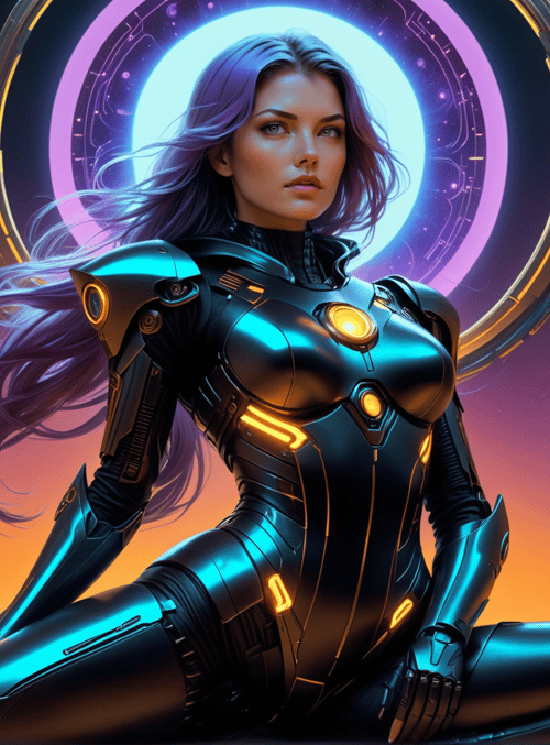 cyborg, woman, armor, sitting, futuristic