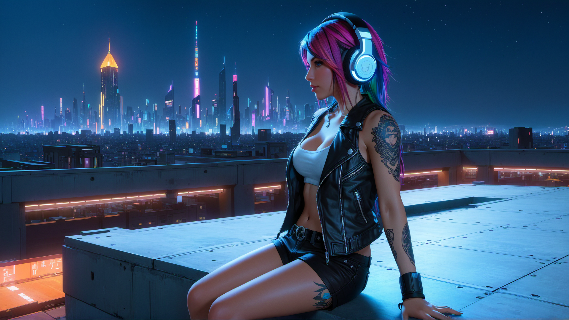 AI generated wallpaper featuring woman, cityscape, headphones
