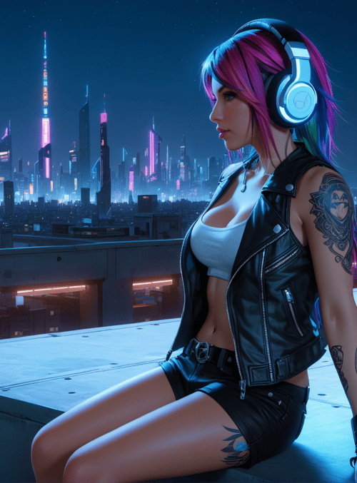 woman, cityscape, headphones