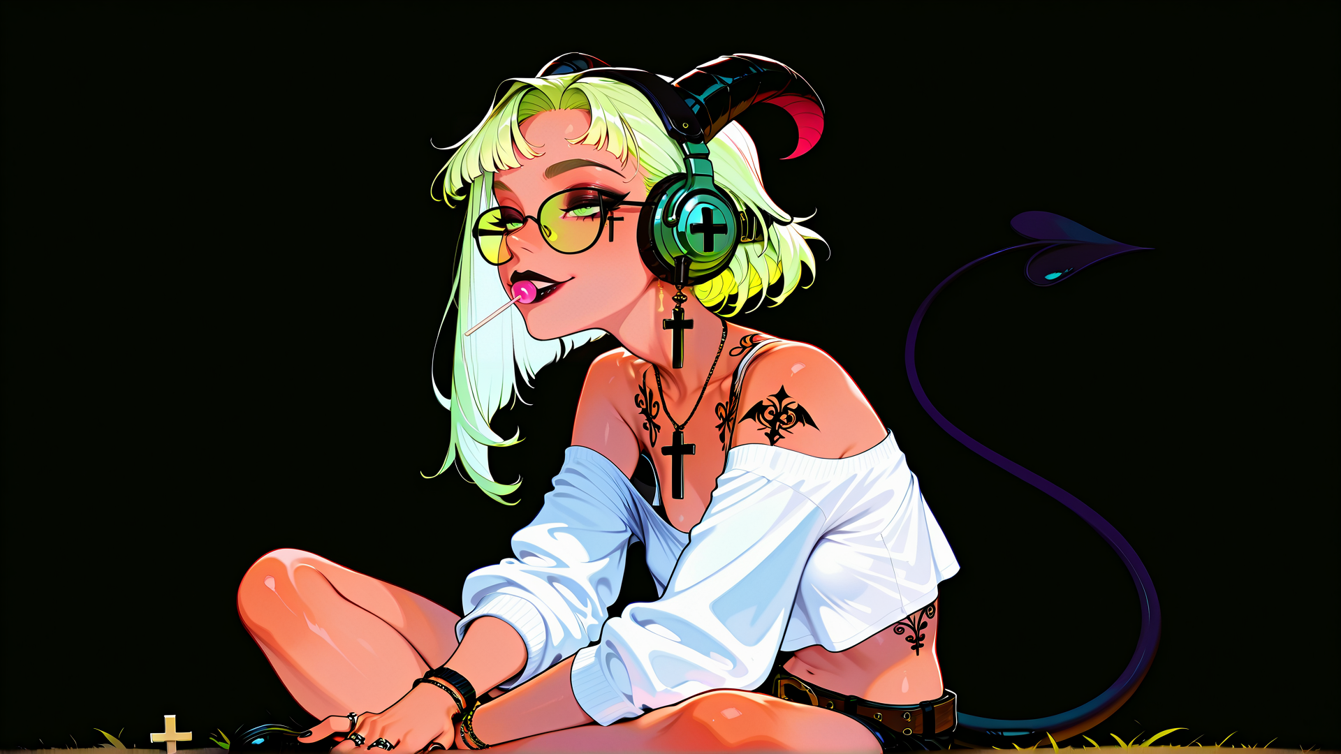 AI generated wallpaper featuring girl, demon, headphones, tattoo, cross, lollipop, glasses, tail, sunglasses, shirt