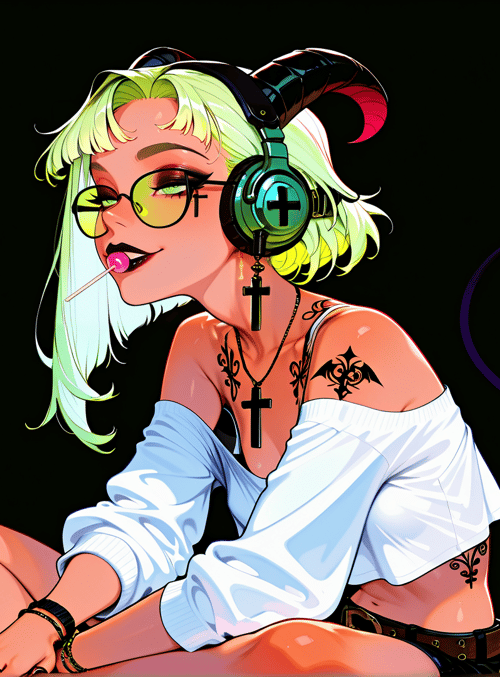 girl, demon, headphones, tattoo, cross, lollipop, glasses, tail, sunglasses, shirt