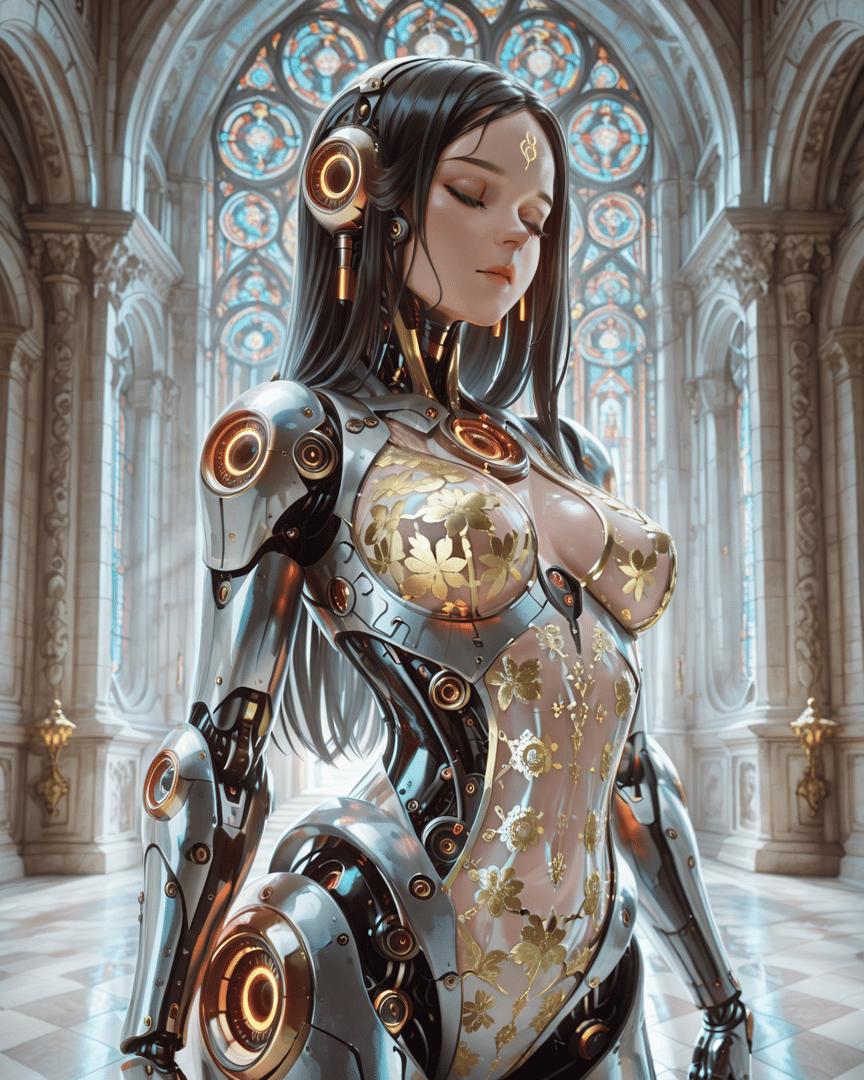 AI generated wallpaper featuring robot, woman, mechanical, gears, armor, glass, stained glass, flowers, cathedral, gold