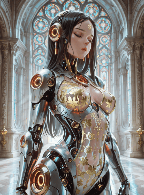 robot, woman, mechanical, gears, armor, glass, stained glass, flowers, cathedral, gold