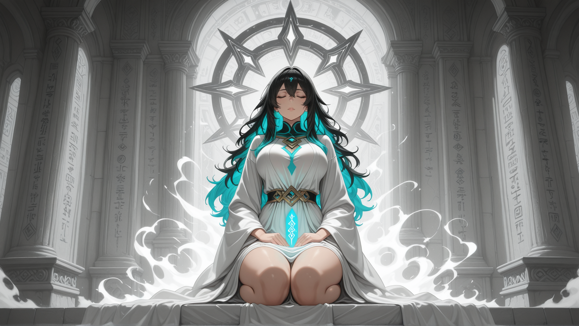 AI generated wallpaper featuring woman, ancient, temple, goddess, sacrifice, sacred, symbol, arch, columns, scroll