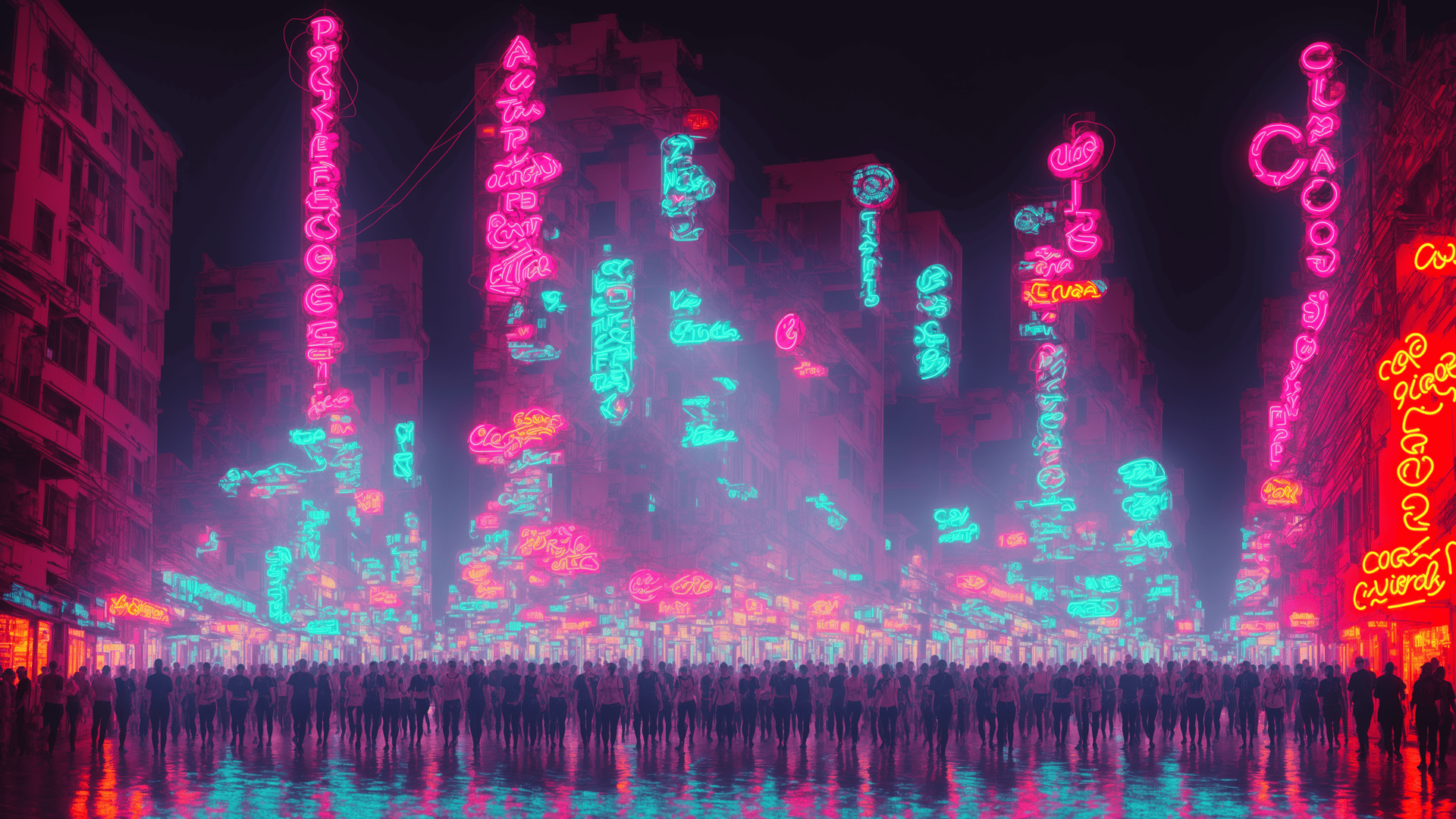 AI generated wallpaper featuring city, neon signs, people, street, buildings