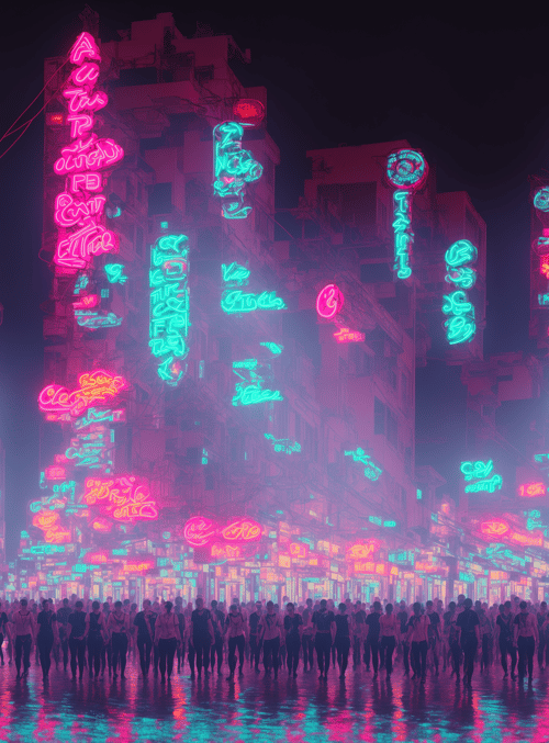 city, neon signs, people, street, buildings