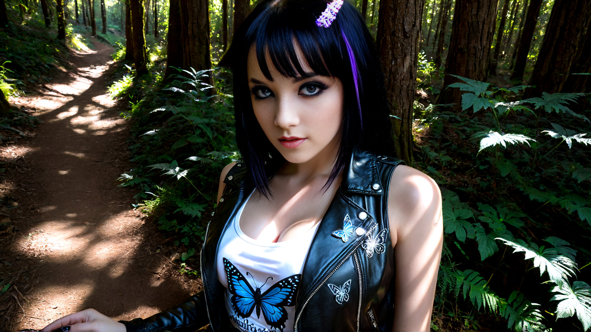 AI generated wallpaper featuring woman, butterfly, leather