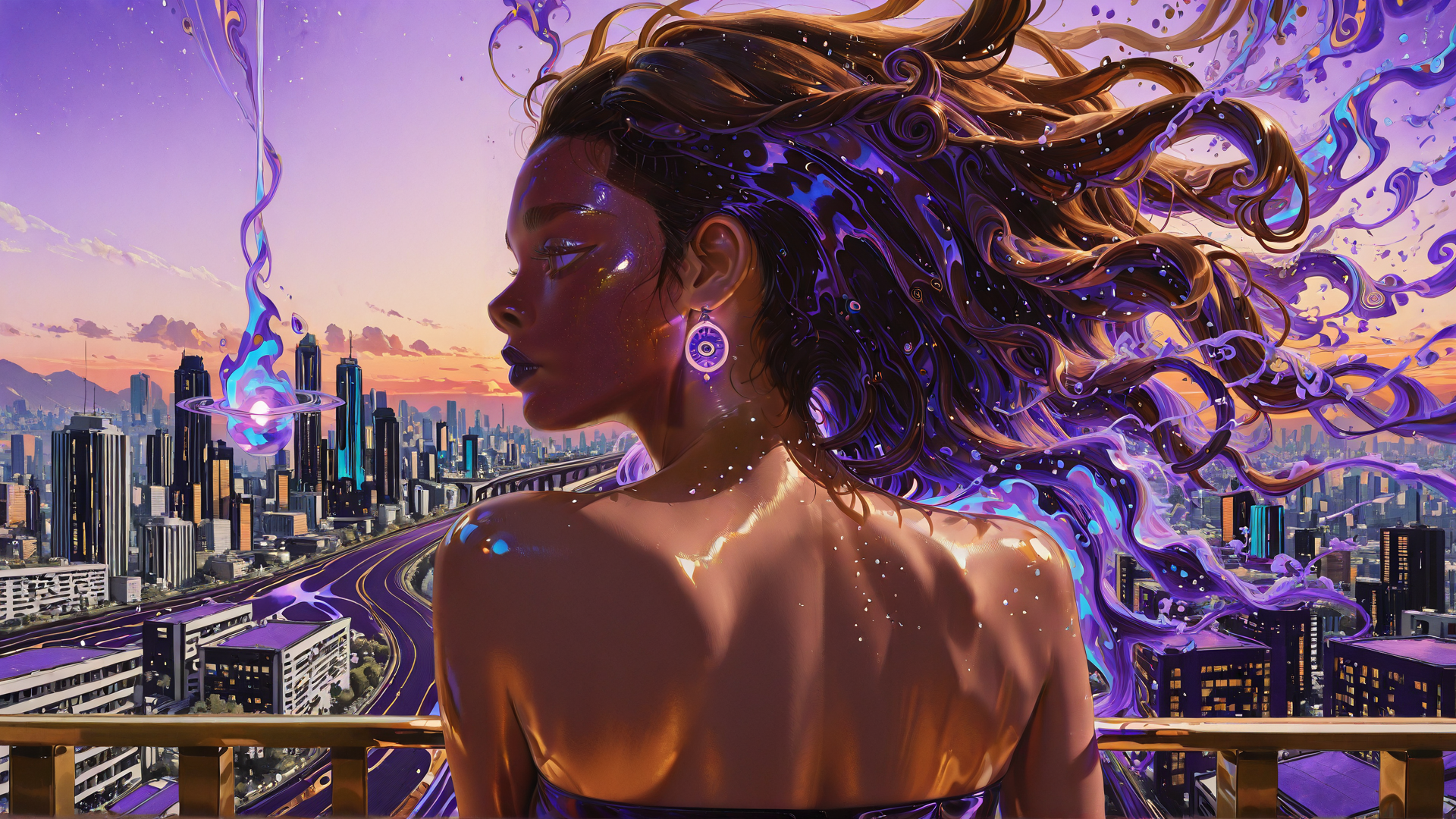 AI generated wallpaper featuring woman, cityscape, hair, earring, sky
