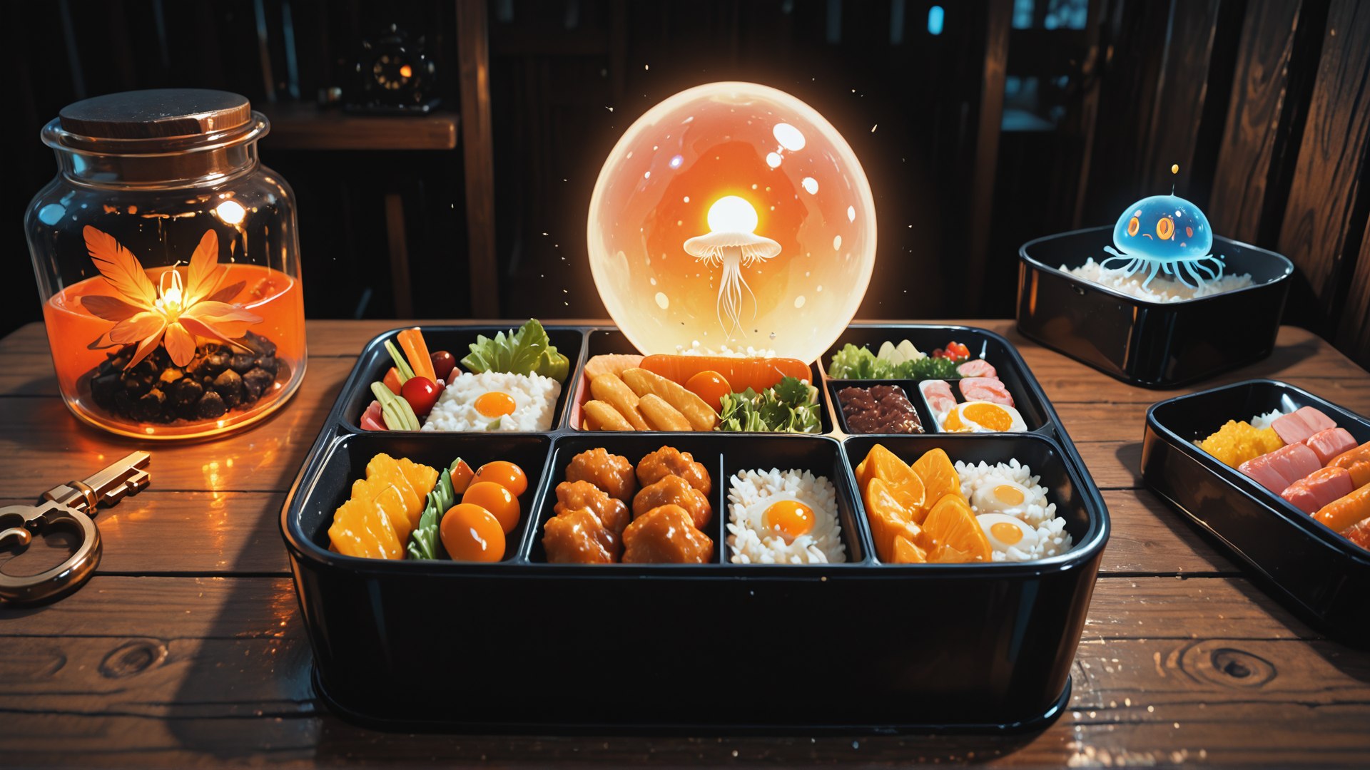 AI generated wallpaper featuring bento box, jellyfish, jar, key, rice, egg, carrot, muffin, fruit, sushi