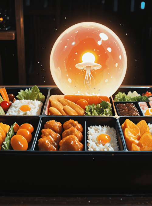 bento box, jellyfish, jar, key, rice, egg, carrot, muffin, fruit, sushi