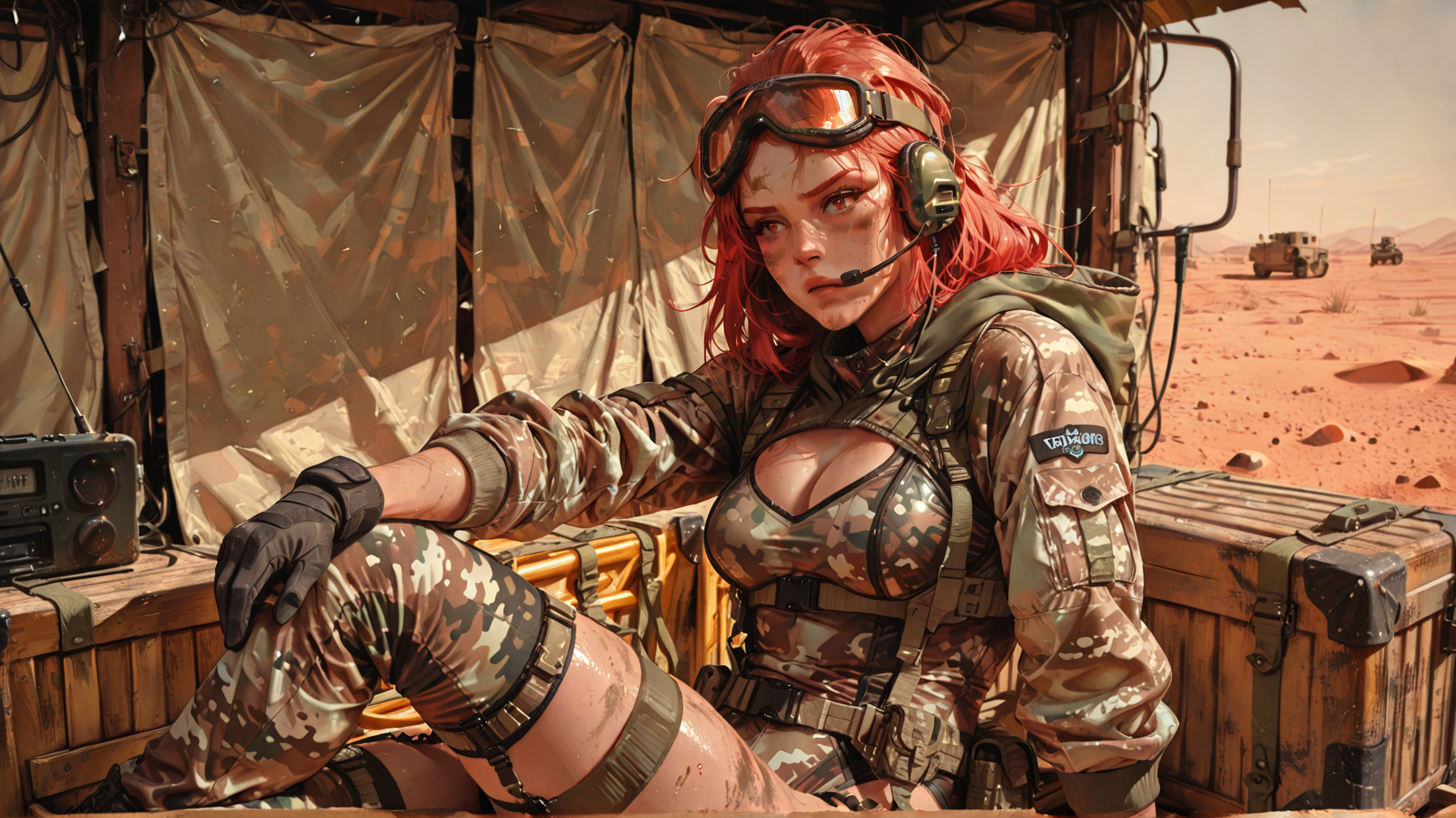AI generated wallpaper featuring soldier, woman, goggles, camouflage, headset, radio, box, tent, desert, vehicle