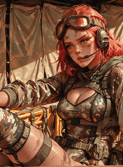soldier, woman, goggles, camouflage, headset, radio, box, tent, desert, vehicle