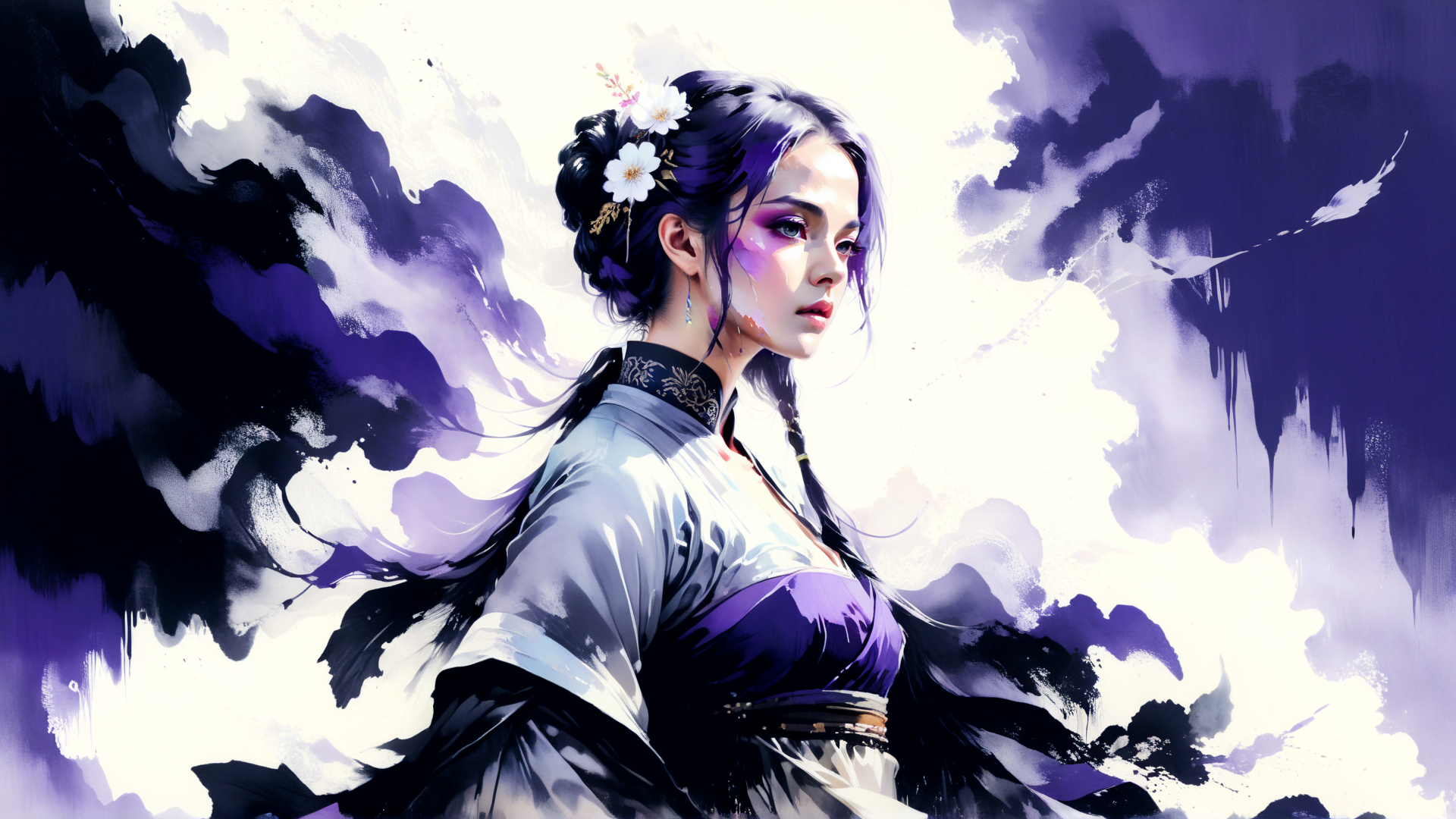 AI generated wallpaper featuring woman, chinese, dress, hair, flower, cloud, feather