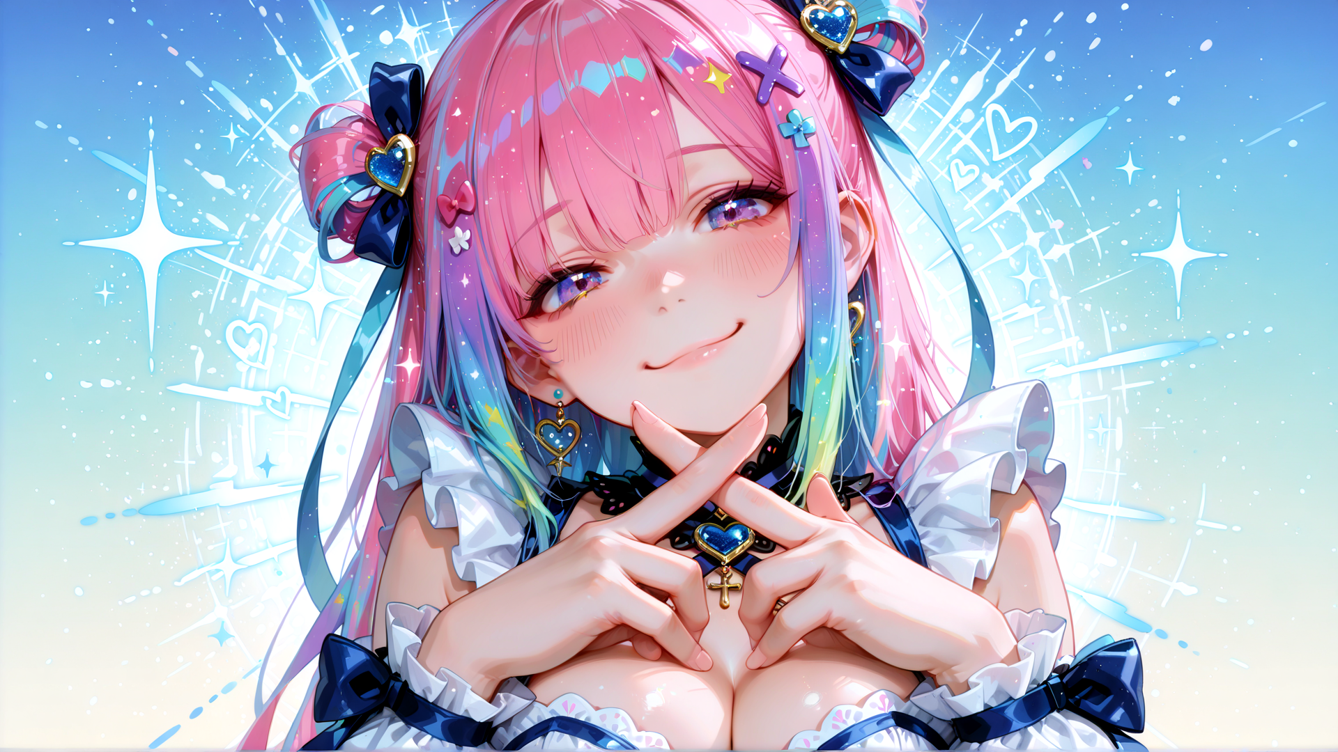 AI generated wallpaper featuring girl, anime, character, pink hair, ribbon, hearts, bow, cross, stars