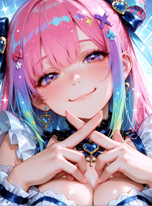 girl, anime, character, pink hair, ribbon, hearts, bow, cross, stars