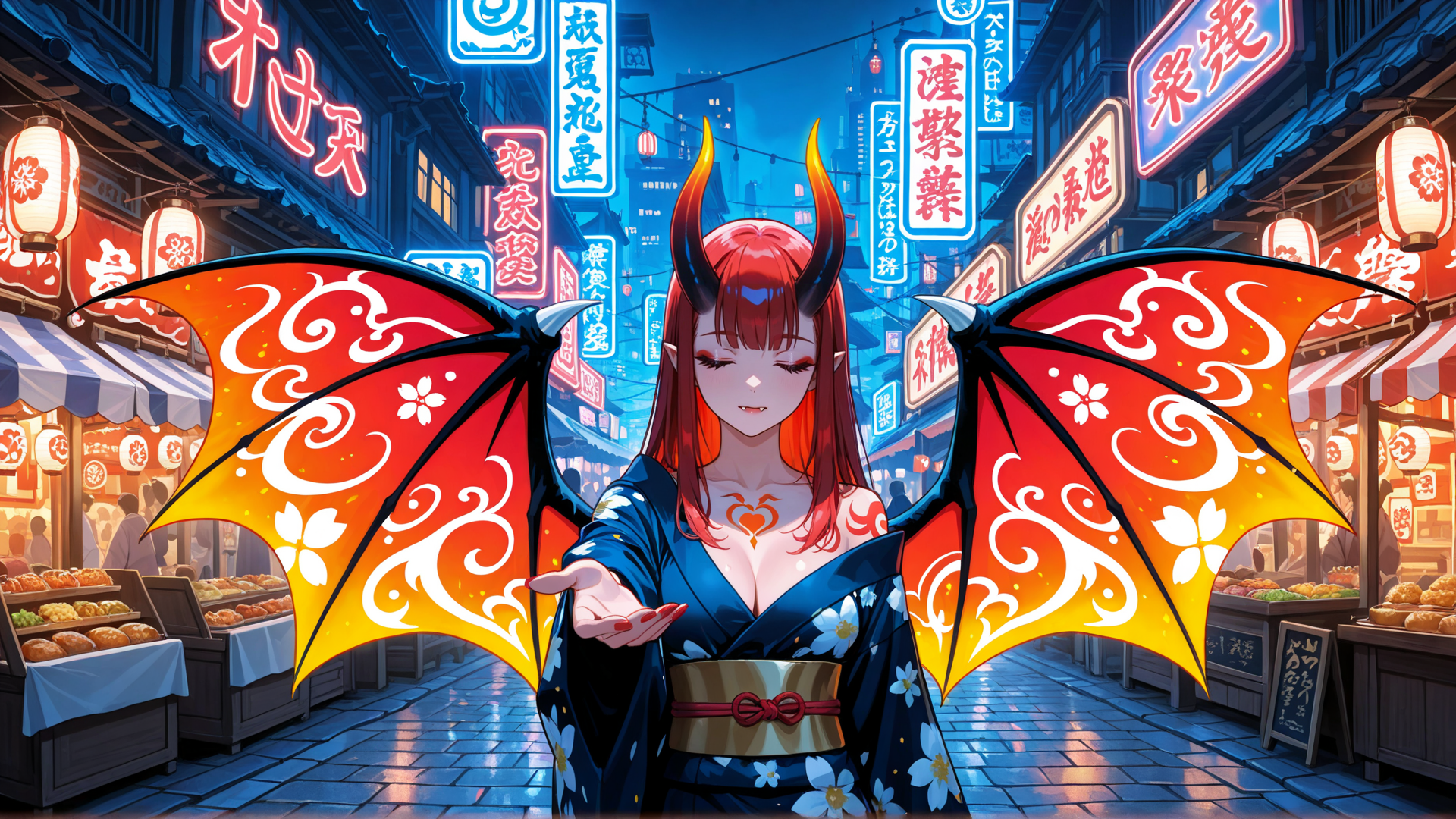 AI generated wallpaper featuring devil, woman, demon, dragon wings, kimono, street, market, lantern, neon sign, japanese