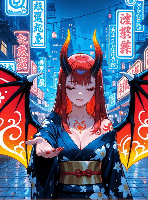 devil, woman, demon, dragon wings, kimono, street, market, lantern, neon sign, japanese