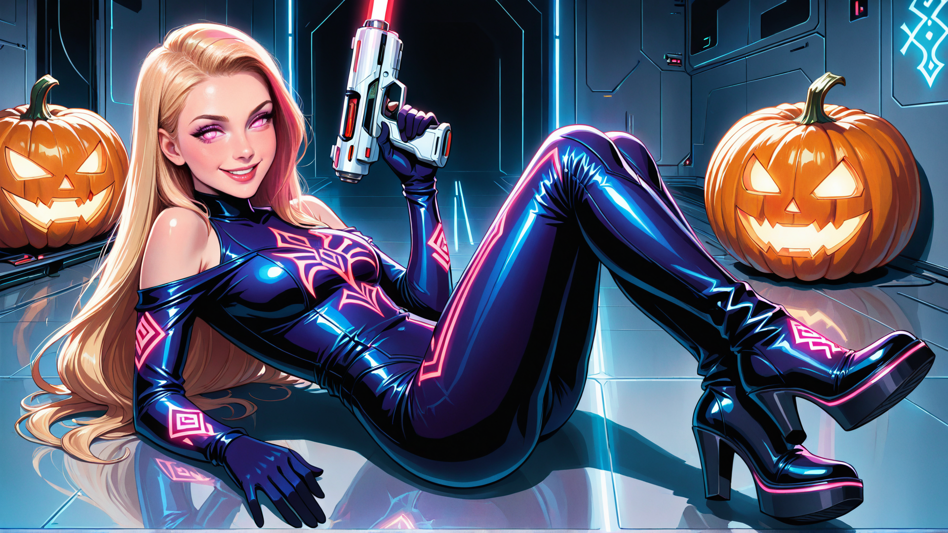 AI generated wallpaper featuring woman, pumpkins, gun