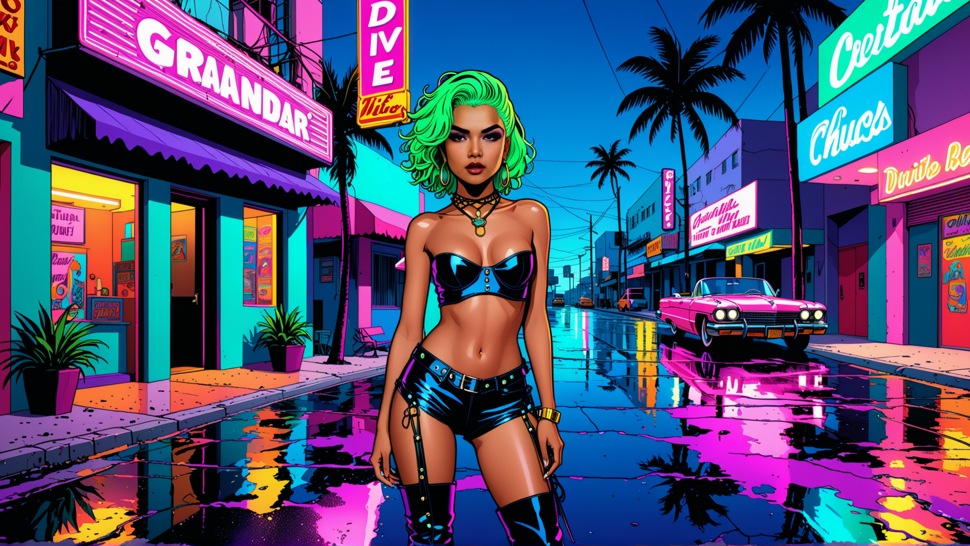 AI generated wallpaper featuring woman, neon, street