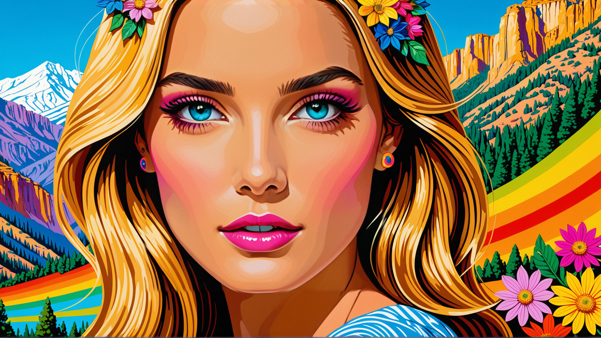 AI generated wallpaper featuring woman, flowers, mountains, rainbow, trees