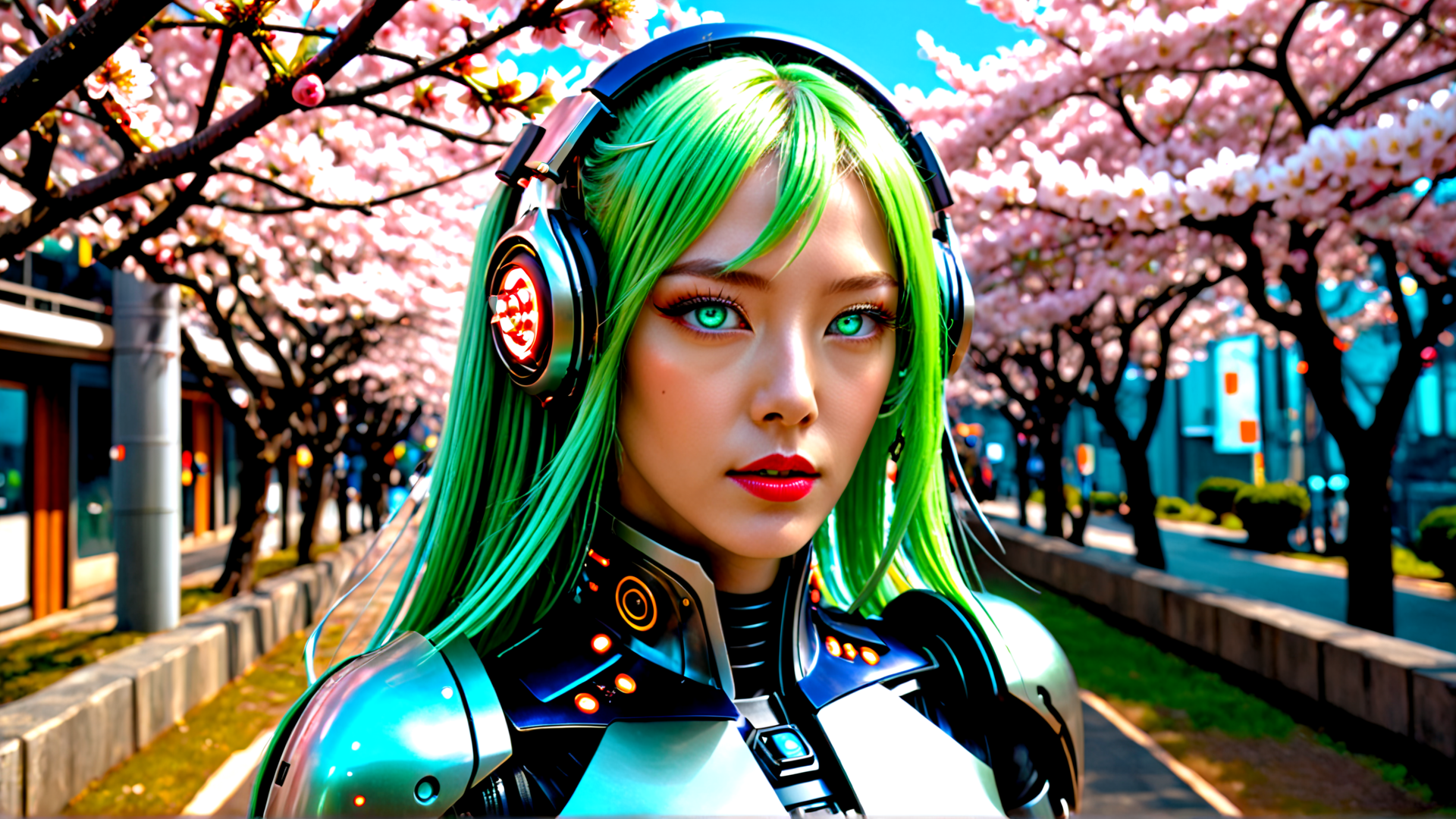 AI generated wallpaper featuring cyborg, girl, headphones, cherry blossoms, street, trees