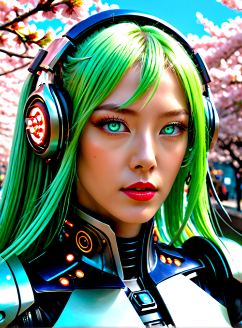 cyborg, girl, headphones, cherry blossoms, street, trees