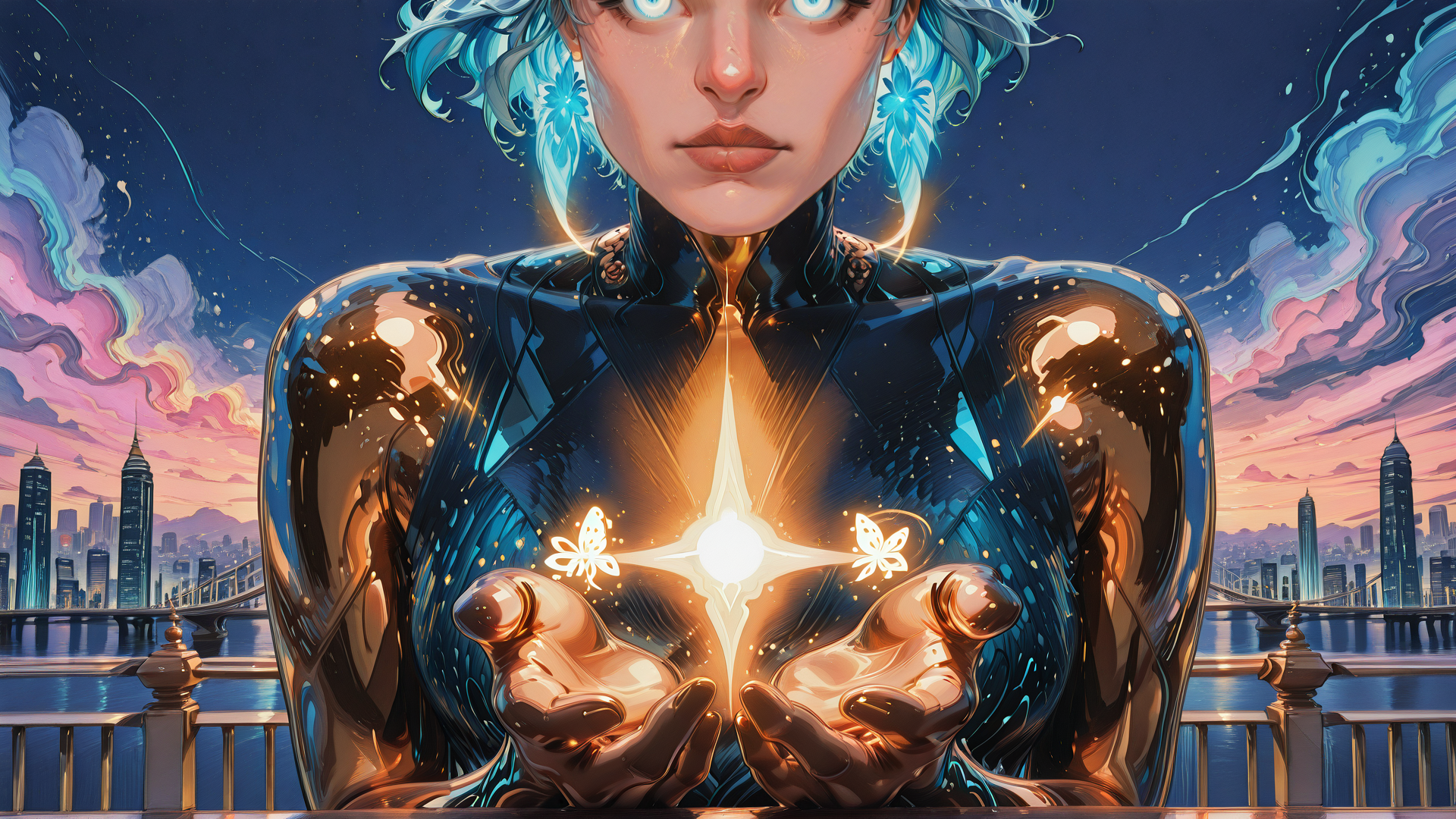 AI generated wallpaper featuring woman, butterfly, cityscape, hands, glowing, neon, sunset, bridge, futuristic, luminous