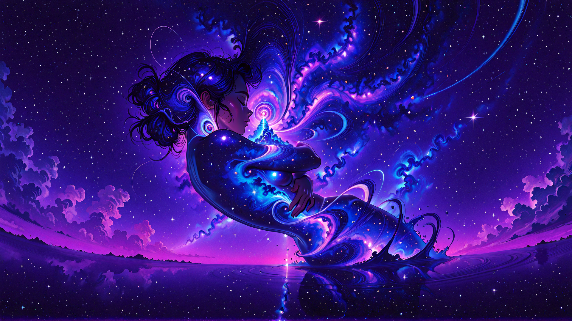 AI generated wallpaper featuring woman, universe, galaxy, stars, clouds, water