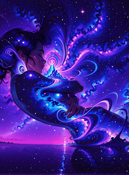 woman, universe, galaxy, stars, clouds, water