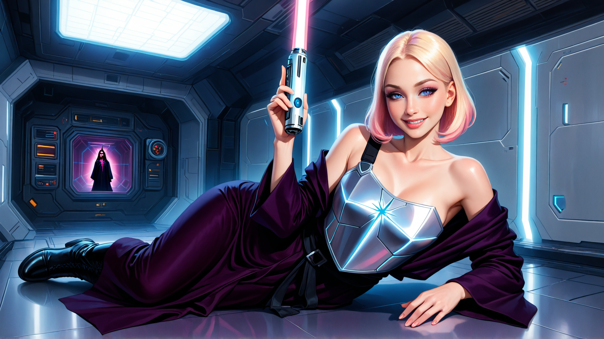 AI generated wallpaper featuring woman, saber, spaceship, armor, robe