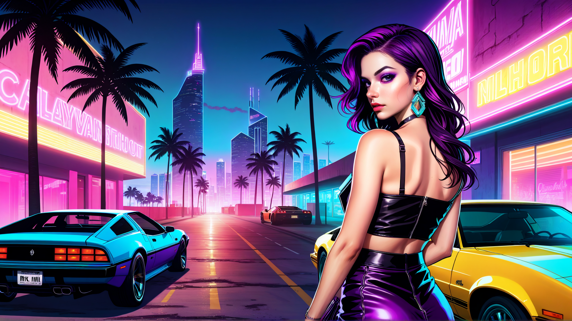 AI generated wallpaper featuring woman, cars, city