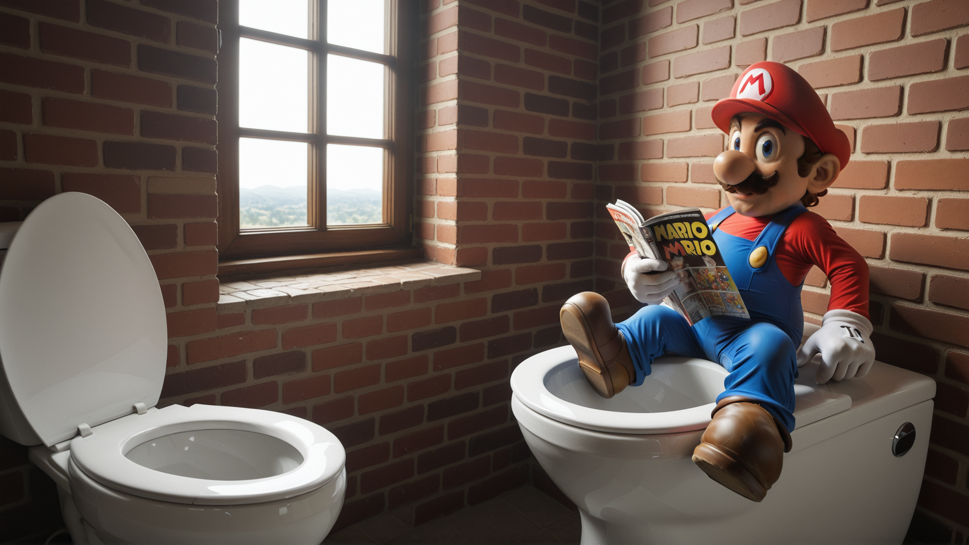 AI generated wallpaper featuring mario, toilet, magazine, brick wall, window