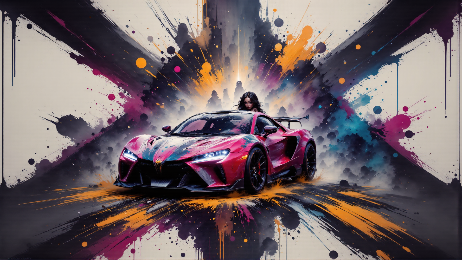 AI generated wallpaper featuring sports car, woman, paint splatter