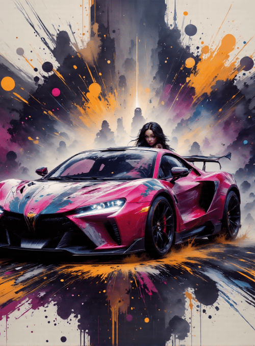 sports car, woman, paint splatter
