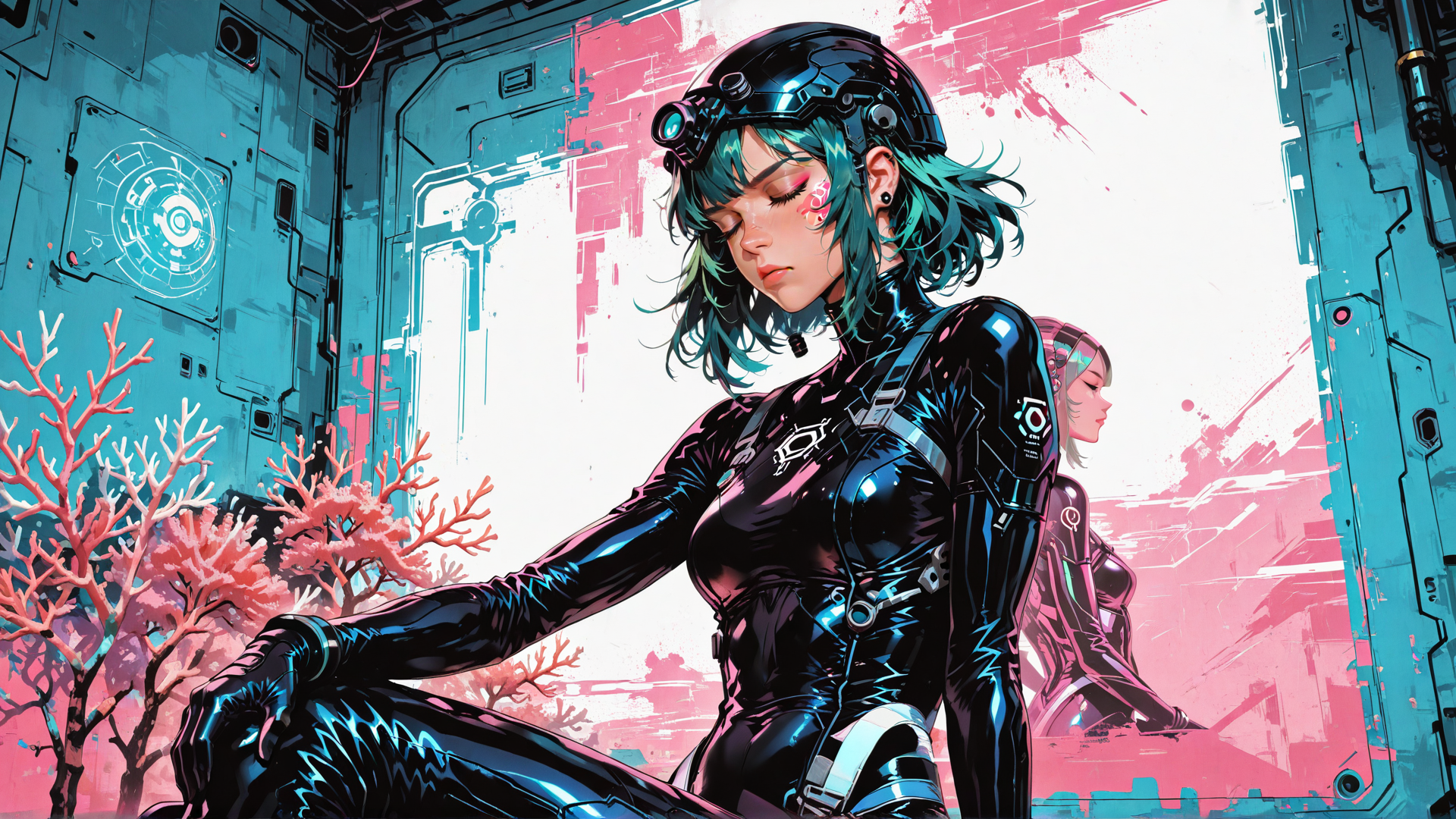 AI generated wallpaper featuring cyborg, woman, coral, helmet, suit, futuristic
