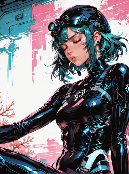 cyborg, woman, coral, helmet, suit, futuristic