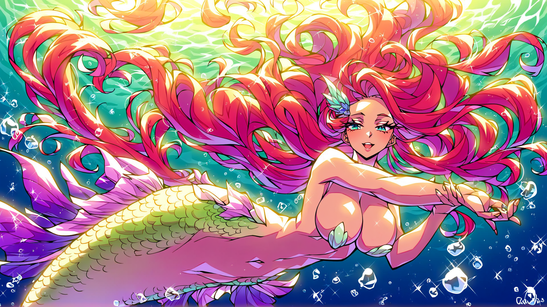 AI generated wallpaper featuring mermaid, scales, hair, fish, ocean