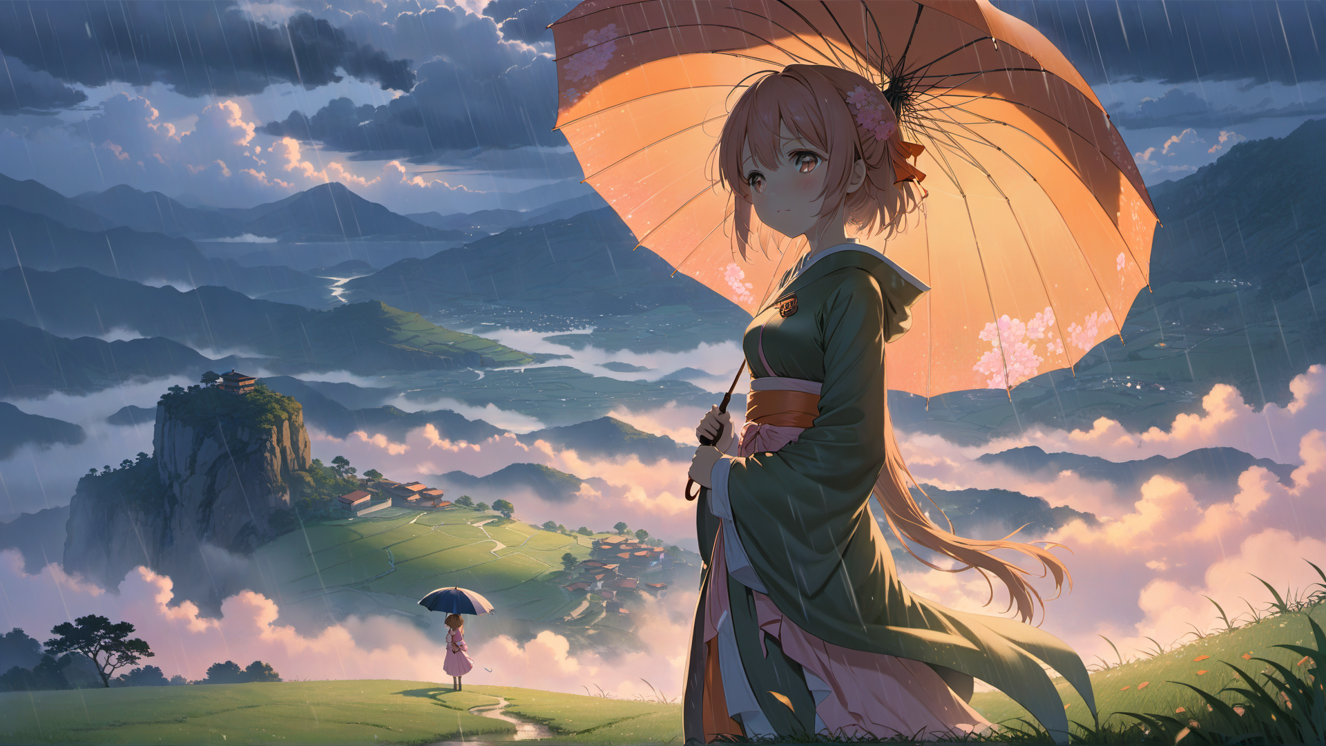 AI generated wallpaper featuring girl, umbrella, landscape