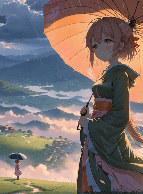 girl, umbrella, landscape