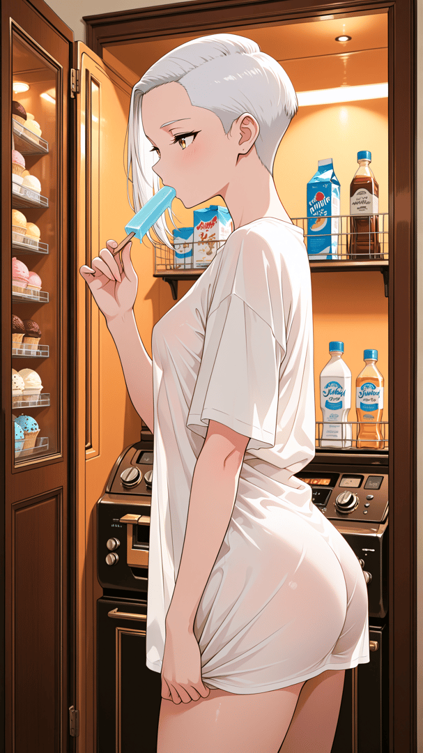 AI generated wallpaper featuring woman, ice cream, refrigerator, kitchen, shorts, t-shirt