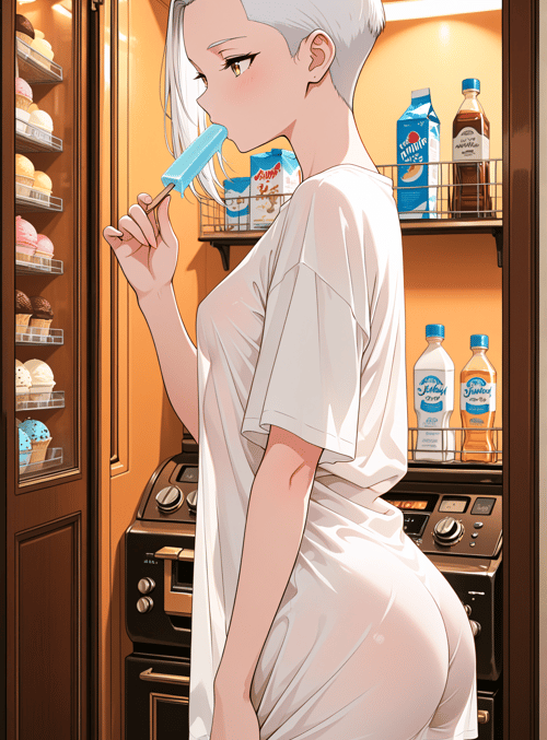 woman, ice cream, refrigerator, kitchen, shorts, t-shirt