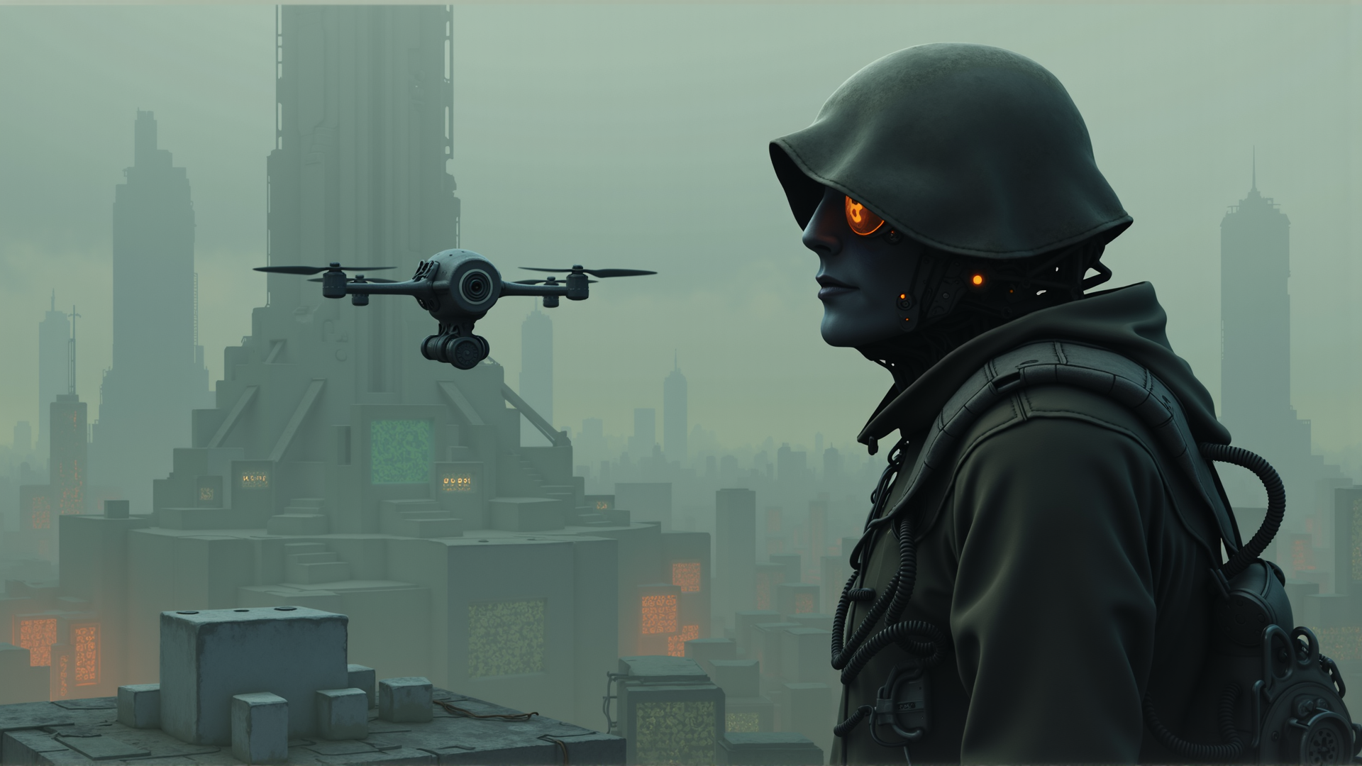 AI generated wallpaper featuring robot, drone, cityscape, hoodie, futuristic, buildings, haze